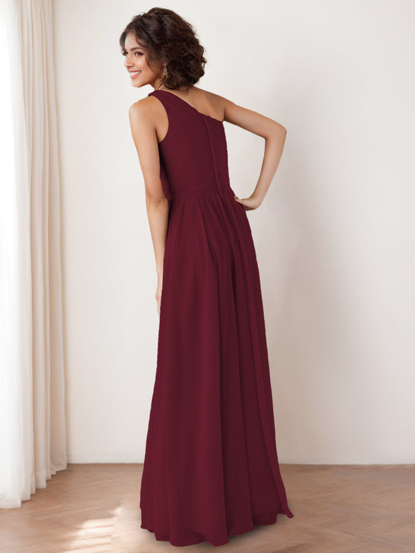 One-Shoulder Princess A-Line Floor-Length Bridesmaid Dress with Ruffles and Pocket