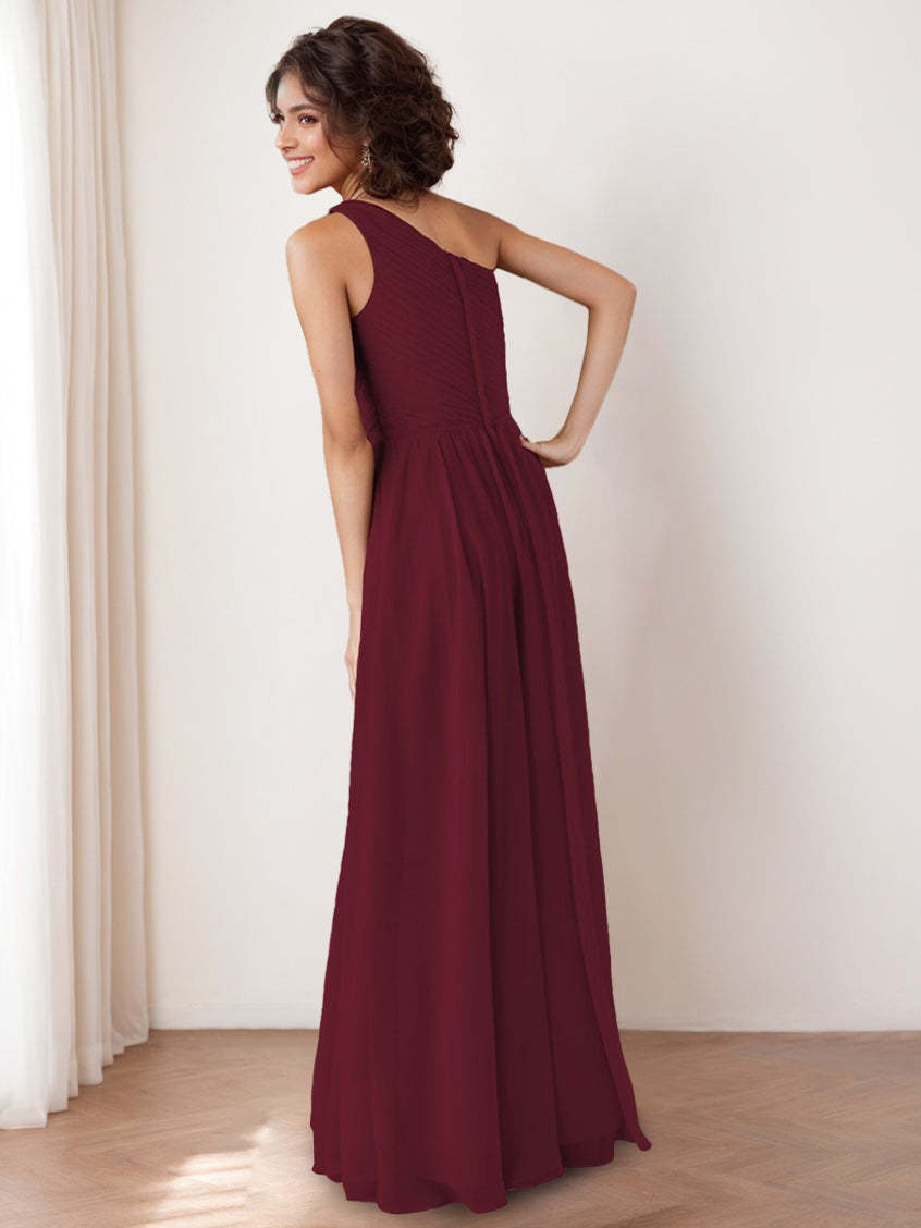 One-Shoulder Princess A-Line Floor-Length Bridesmaid Dress with Ruffles and Pocket