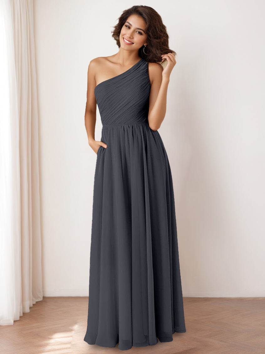 One-Shoulder Princess A-Line Floor-Length Bridesmaid Dress with Ruffles and Pocket