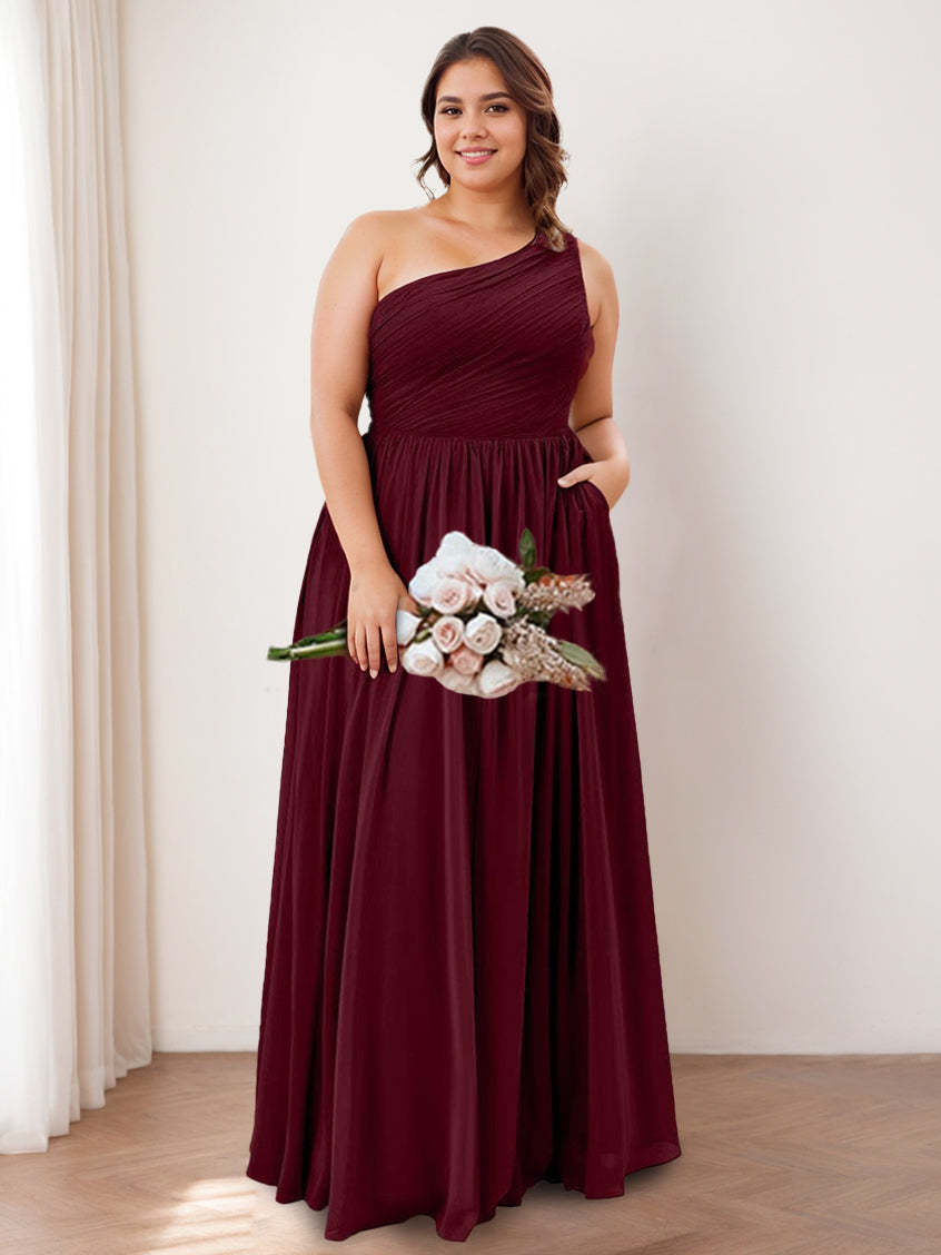 One-Shoulder Princess A-Line Floor-Length Bridesmaid Dress with Ruffles and Pocket