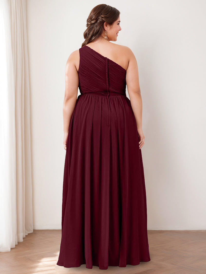 One-Shoulder Princess A-Line Floor-Length Bridesmaid Dress with Ruffles and Pocket