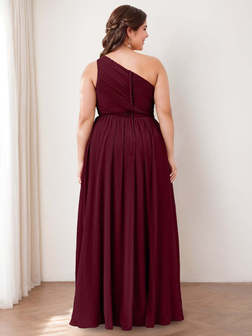 One-Shoulder Princess A-Line Floor-Length Bridesmaid Dress with Ruffles and Pocket
