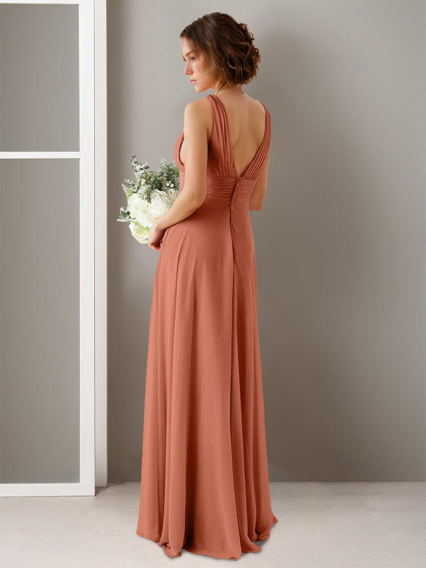 Princess A-Line Deep V-Neck Floor-Length Bridesmaid Dress with Side Split and Ruffles