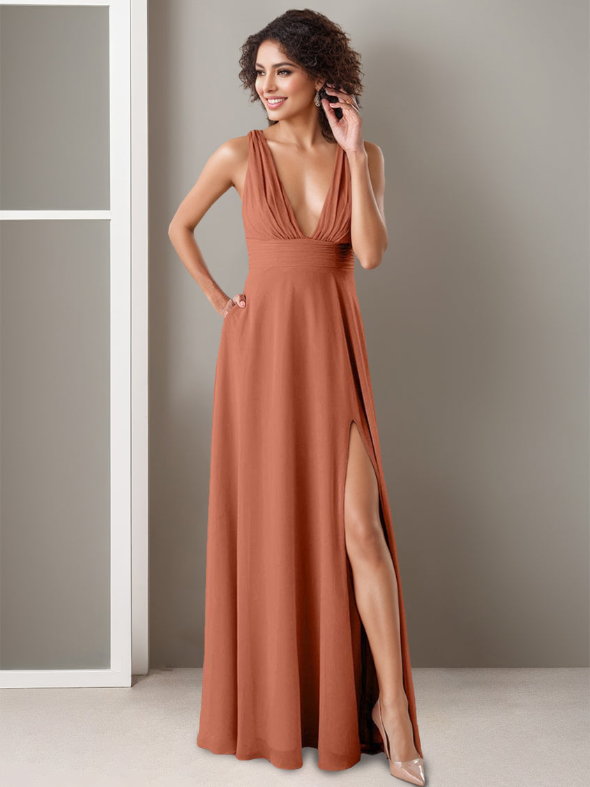 Princess A-Line Deep V-Neck Floor-Length Bridesmaid Dress with Side Split and Ruffles