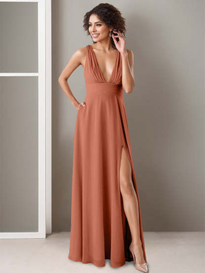 Princess A-Line Deep V-Neck Floor-Length Bridesmaid Dress with Side Split and Ruffles