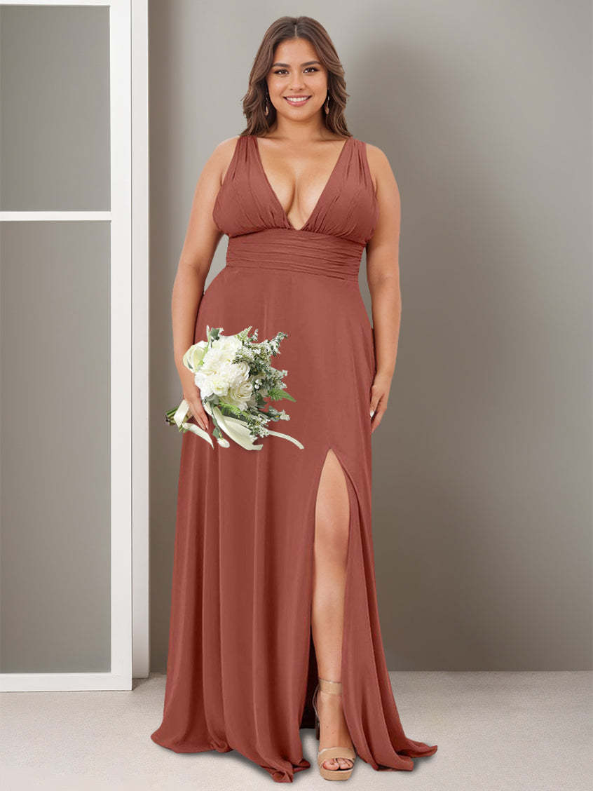 Princess A-Line Deep V-Neck Floor-Length Bridesmaid Dress with Side Split and Ruffles