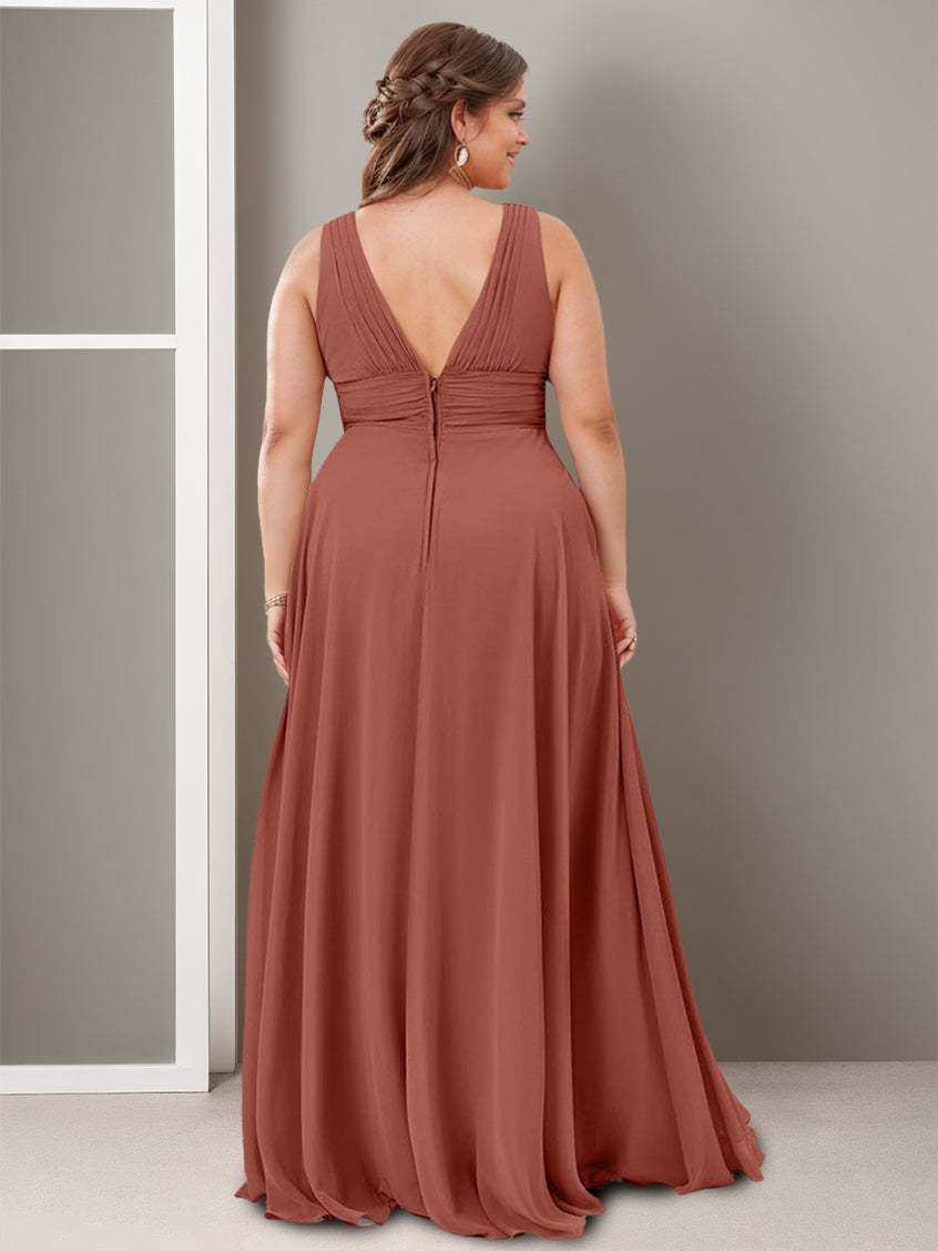 Princess A-Line Deep V-Neck Floor-Length Bridesmaid Dress with Side Split and Ruffles