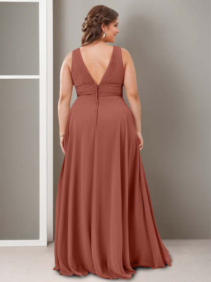 Princess A-Line Deep V-Neck Floor-Length Bridesmaid Dress with Side Split and Ruffles