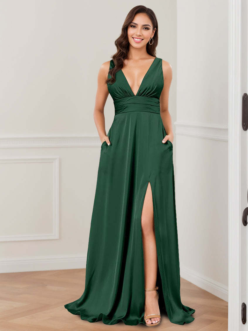 Sleeveless Floor-Length Princess A-Line Bridesmaid Dress with Deep V-Neck, Ruffles, and Side Split