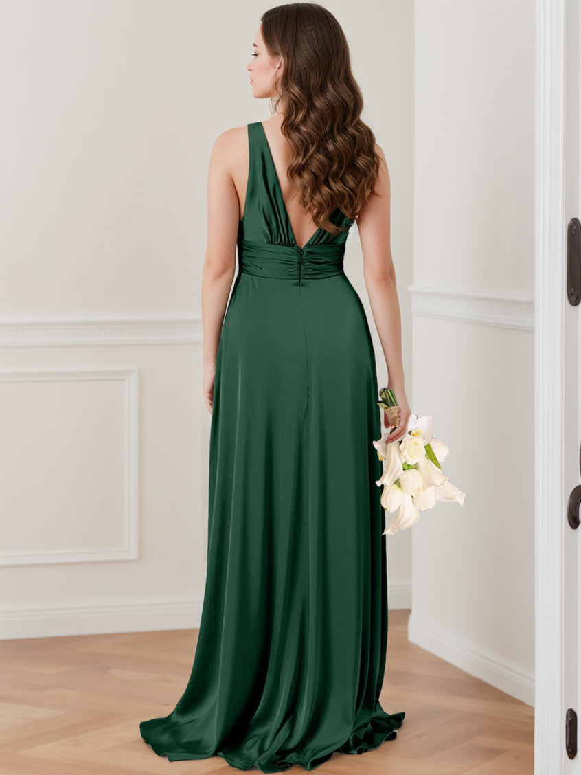 Sleeveless Floor-Length Princess A-Line Bridesmaid Dress with Deep V-Neck, Ruffles, and Side Split