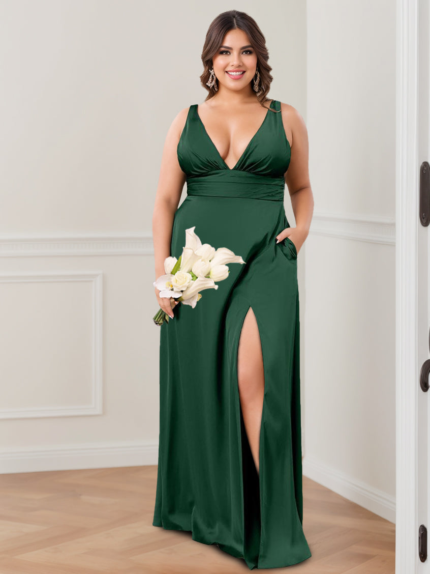 Sleeveless Floor-Length Princess A-Line Bridesmaid Dress with Deep V-Neck, Ruffles, and Side Split