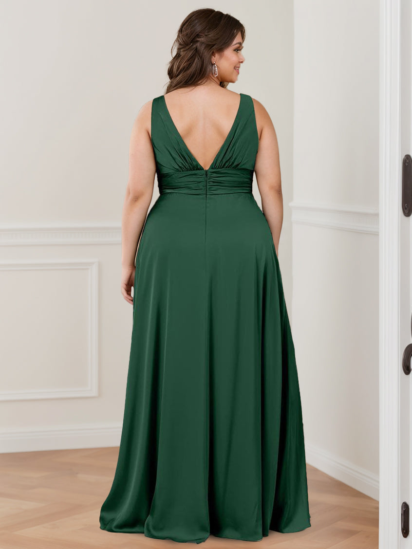 Sleeveless Floor-Length Princess A-Line Bridesmaid Dress with Deep V-Neck, Ruffles, and Side Split