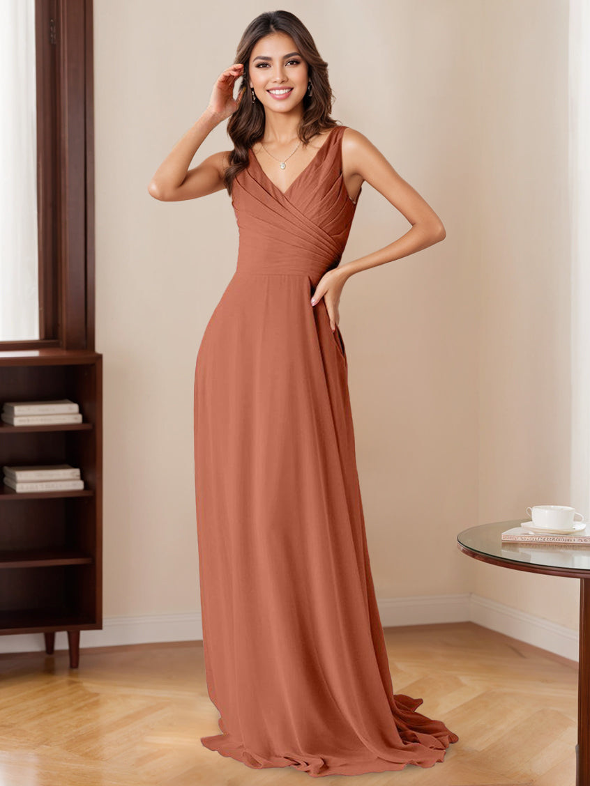 Princess V-Neck Floor-Length Sleeveless A-Line Bridesmaid Dresses with Ruffles