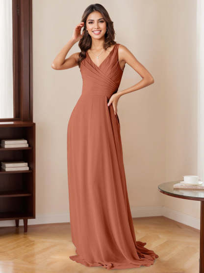 Princess V-Neck Floor-Length Sleeveless A-Line Bridesmaid Dresses with Ruffles