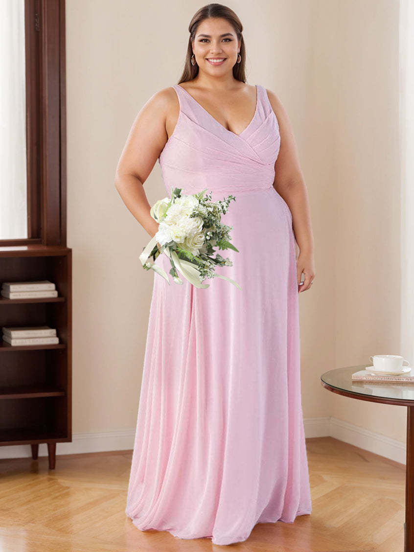 Princess V-Neck Floor-Length Sleeveless A-Line Bridesmaid Dresses with Ruffles