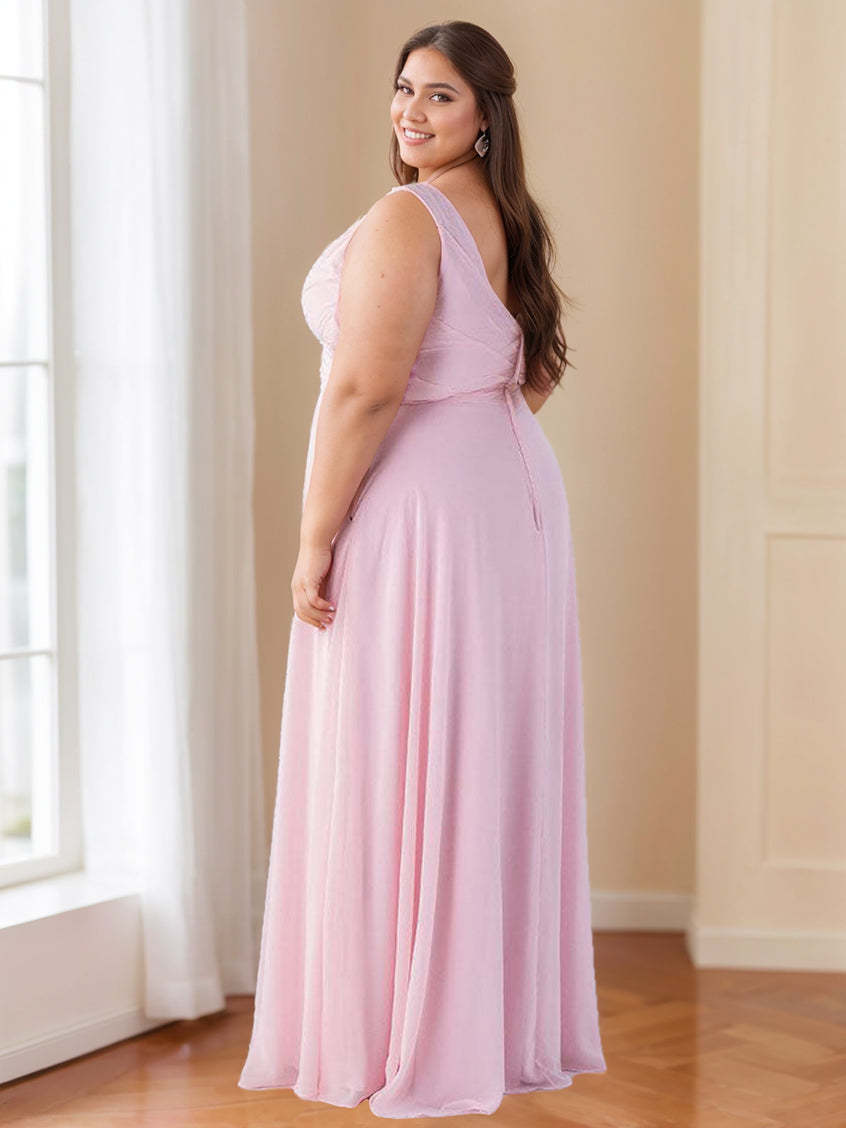 Princess V-Neck Floor-Length Sleeveless A-Line Bridesmaid Dresses with Ruffles