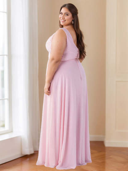 Princess V-Neck Floor-Length Sleeveless A-Line Bridesmaid Dresses with Ruffles