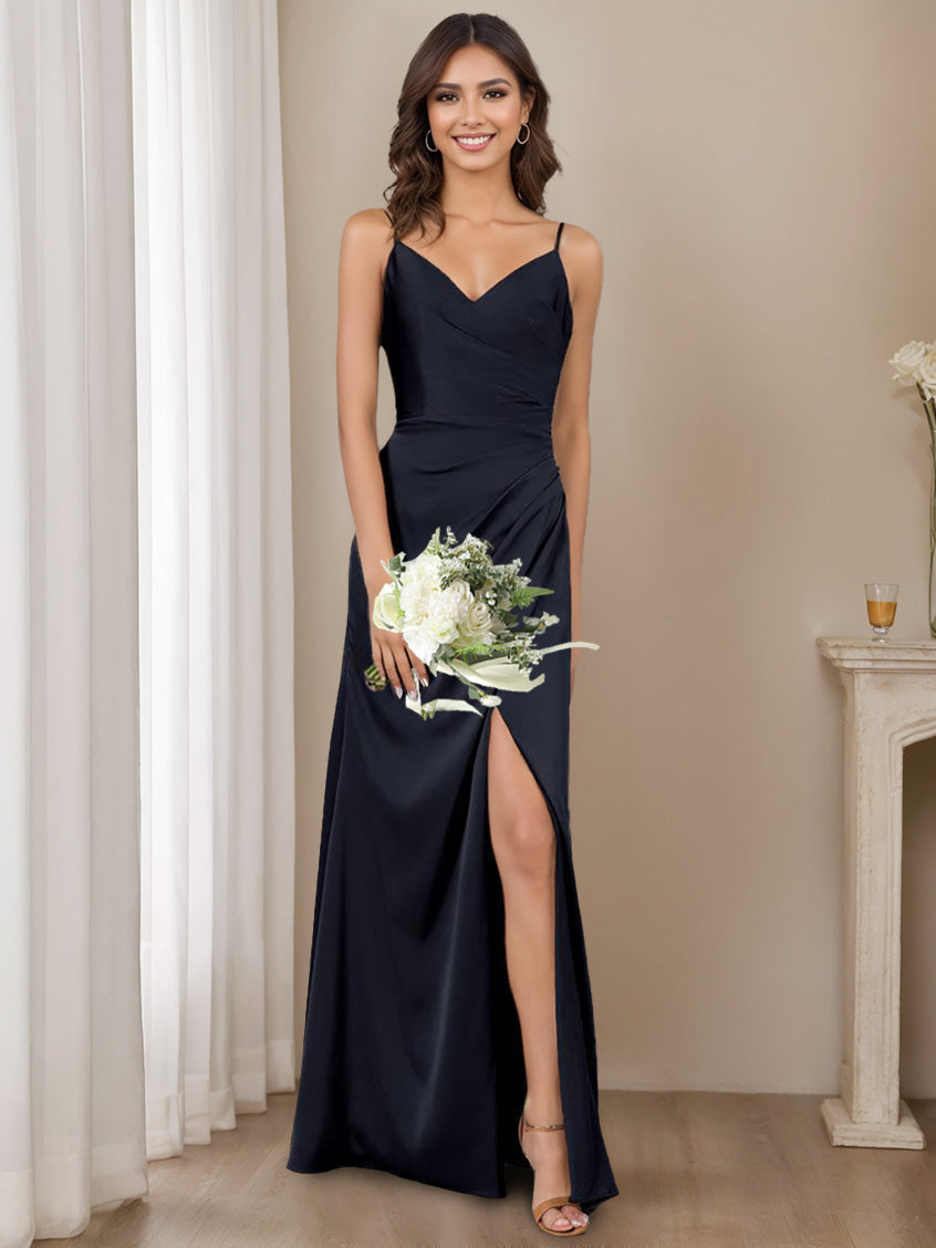 Princess A-Line Floor-Length Bridesmaid Dress with Spaghetti Straps and Side Split
