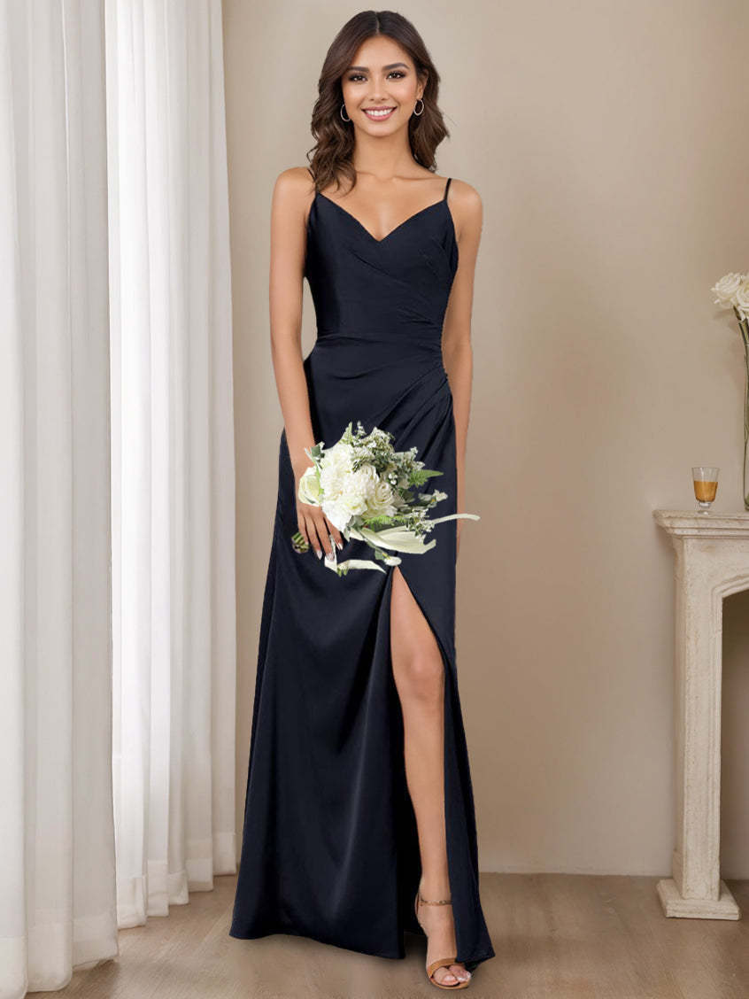 Princess A-Line Floor-Length Bridesmaid Dress with Spaghetti Straps and Side Split