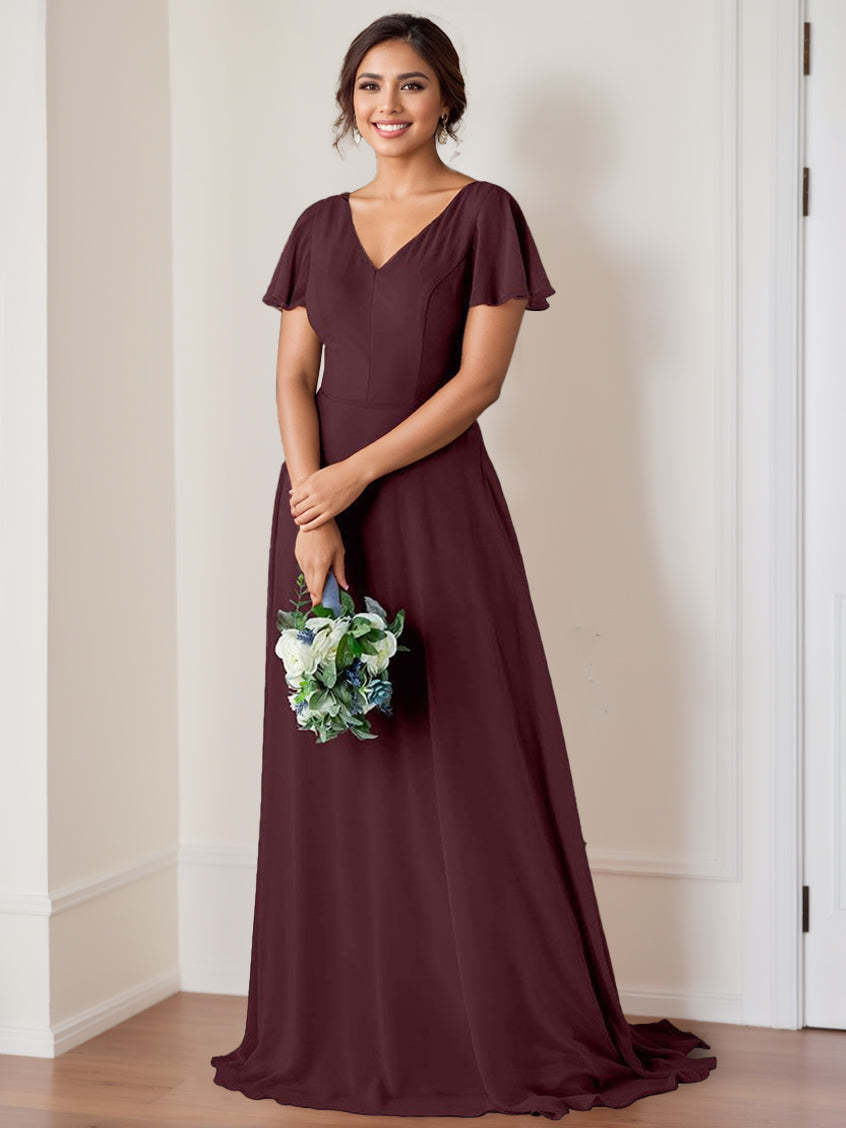 Floor-Length V-Neck A-Line Bridesmaid Dresses with Flutter Sleeves and Ruching