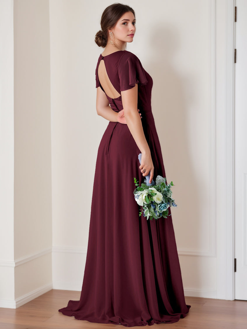 Floor-Length V-Neck A-Line Bridesmaid Dresses with Flutter Sleeves and Ruching