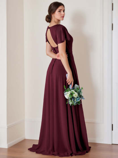 Floor-Length V-Neck A-Line Bridesmaid Dresses with Flutter Sleeves and Ruching