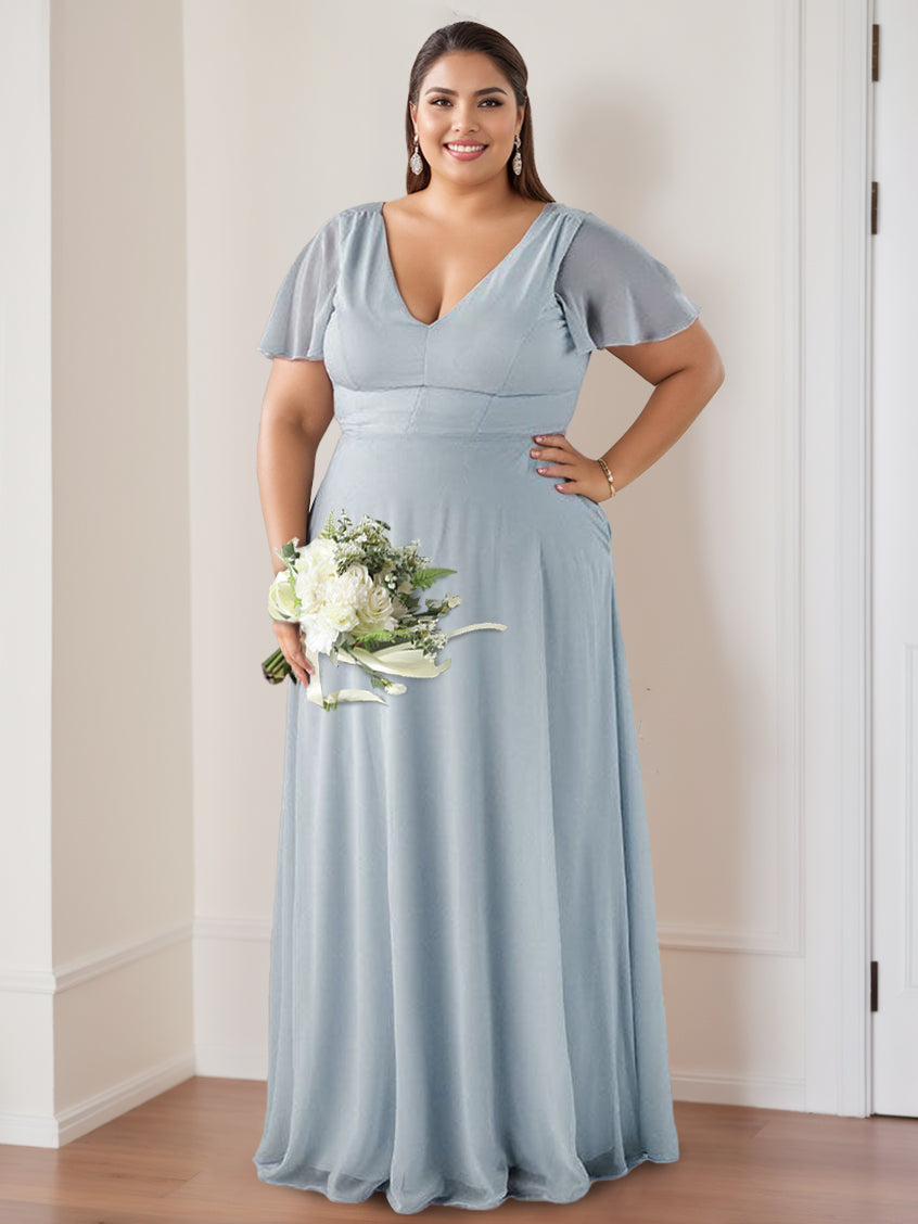 Floor-Length V-Neck A-Line Bridesmaid Dresses with Flutter Sleeves and Ruching