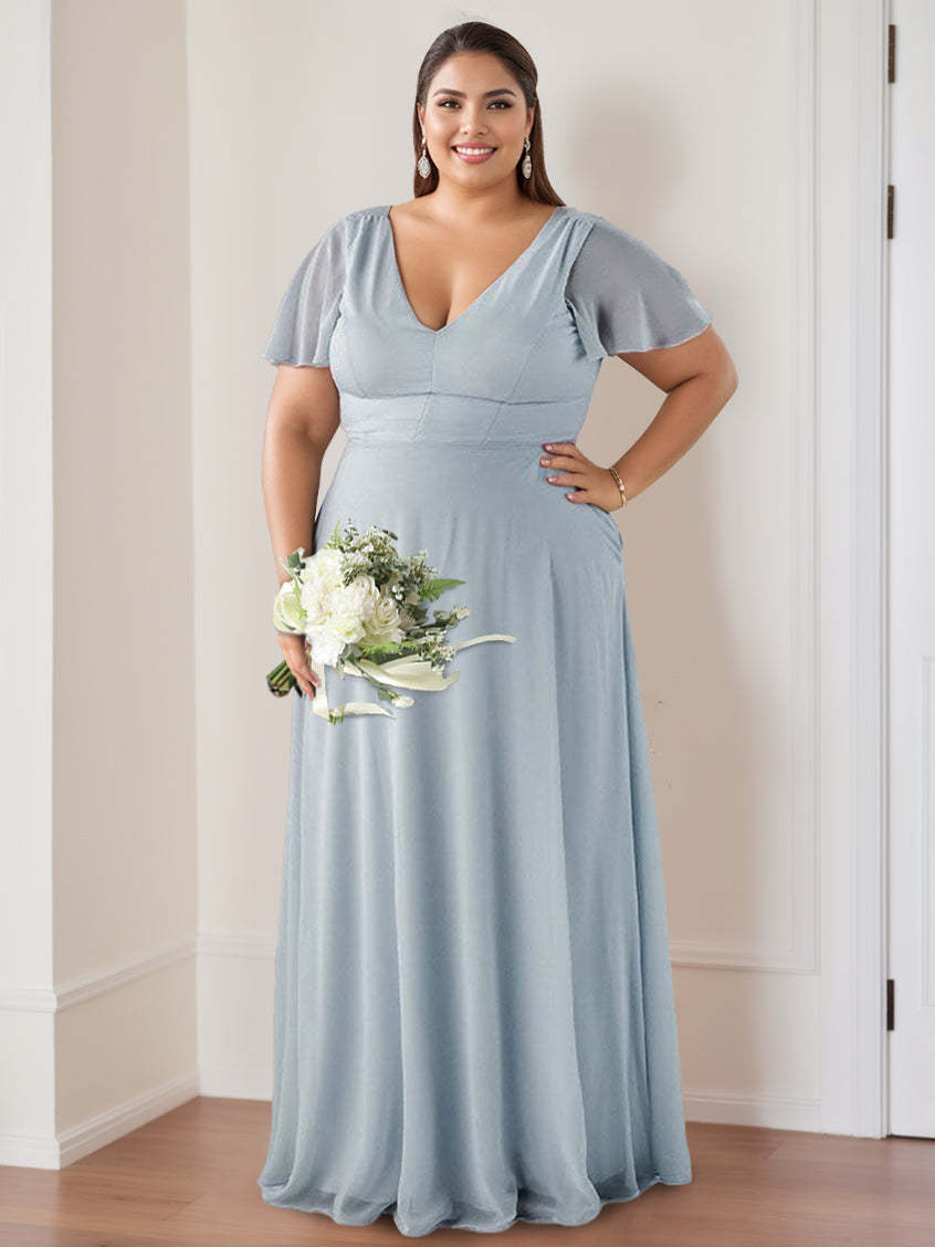 Floor-Length V-Neck A-Line Bridesmaid Dresses with Flutter Sleeves and Ruching