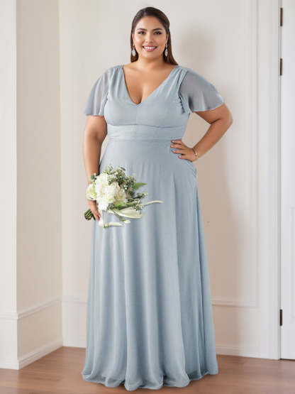 Floor-Length V-Neck A-Line Bridesmaid Dresses with Flutter Sleeves and Ruching