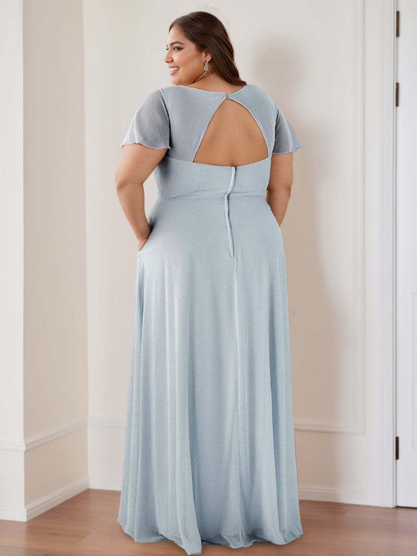 Floor-Length V-Neck A-Line Bridesmaid Dresses with Flutter Sleeves and Ruching
