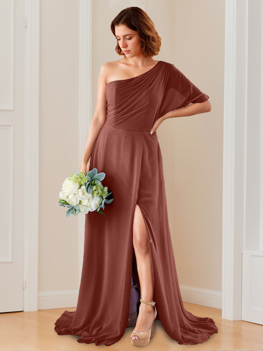 One-Shoulder Floor-Length A-Line Bridesmaid Dress with Side Split