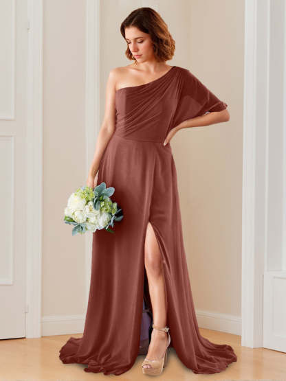 One-Shoulder Floor-Length A-Line Bridesmaid Dress with Side Split