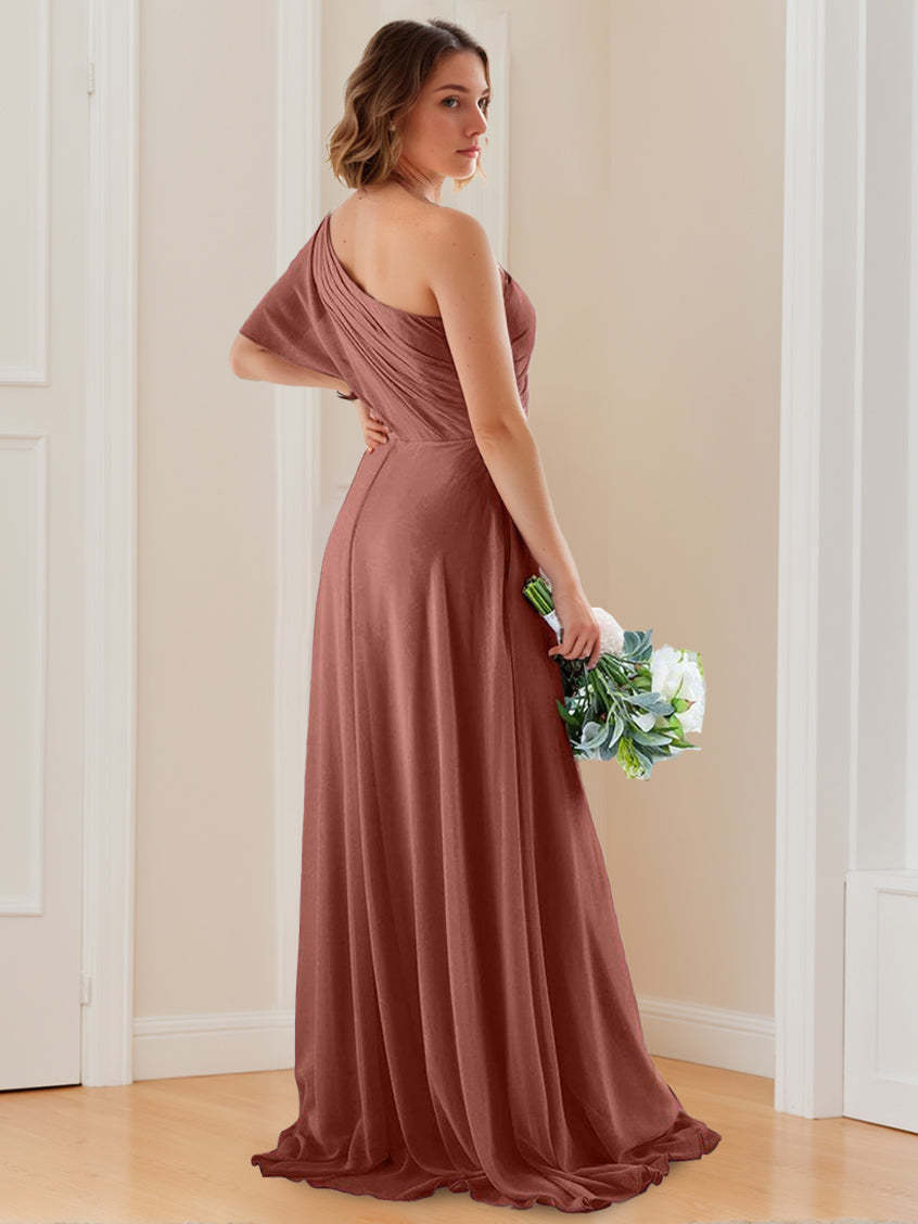 One-Shoulder Floor-Length A-Line Bridesmaid Dress with Side Split