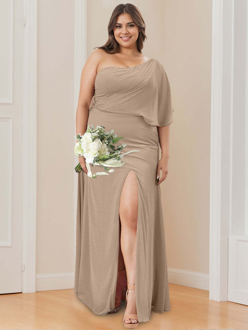 One-Shoulder Floor-Length A-Line Bridesmaid Dress with Side Split