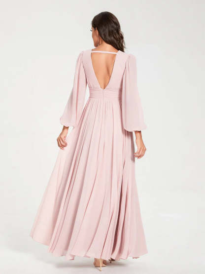 V-Neck A-Line Princess Floor-Length Bridesmaid Dress with Long Sleeves, Side Split & Pockets