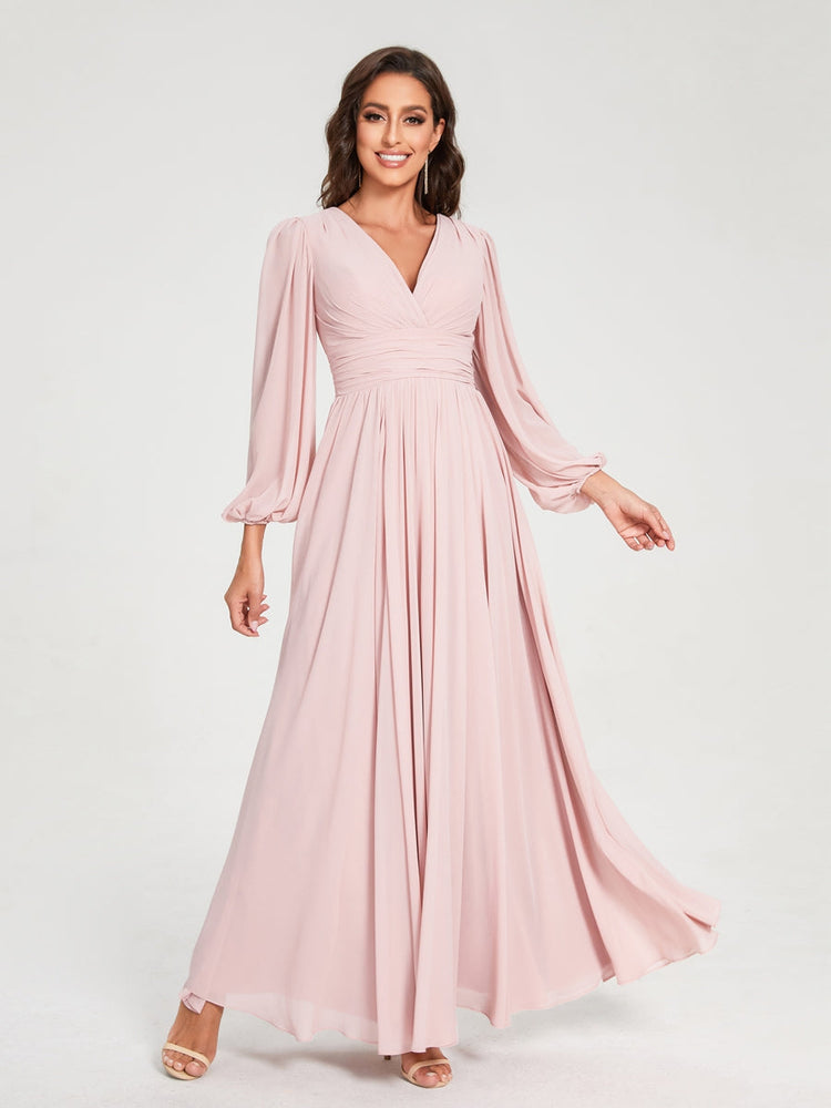 V-Neck A-Line Princess Floor-Length Bridesmaid Dress with Long Sleeves, Side Split & Pockets