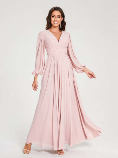 V-Neck A-Line Princess Floor-Length Bridesmaid Dress with Long Sleeves, Side Split & Pockets
