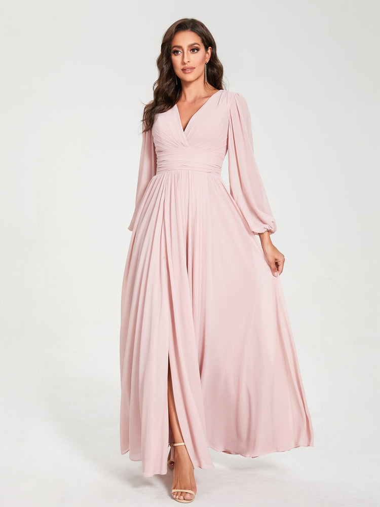 V-Neck A-Line Princess Floor-Length Bridesmaid Dress with Long Sleeves, Side Split & Pockets