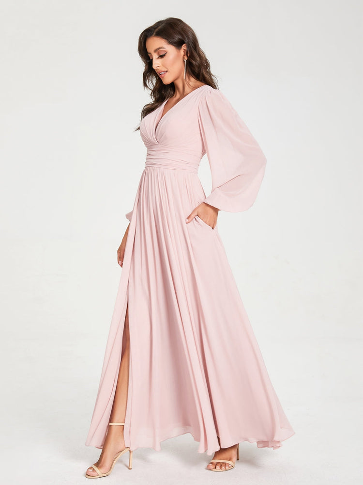 V-Neck A-Line Princess Floor-Length Bridesmaid Dress with Long Sleeves, Side Split & Pockets