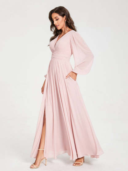 V-Neck A-Line Princess Floor-Length Bridesmaid Dress with Long Sleeves, Side Split & Pockets