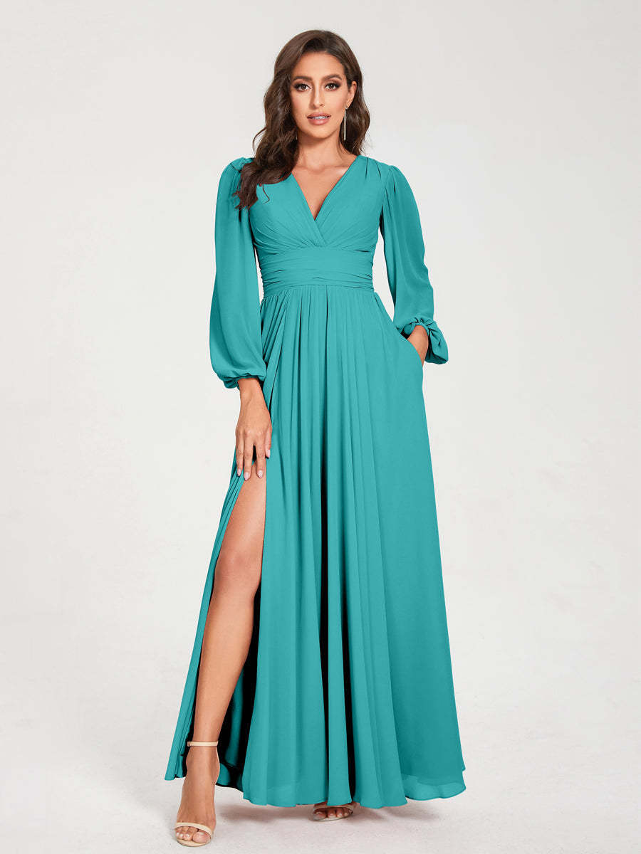 V-Neck A-Line Princess Floor-Length Bridesmaid Dress with Long Sleeves, Side Split & Pockets