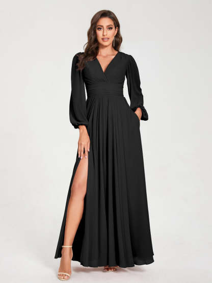 V-Neck A-Line Princess Floor-Length Bridesmaid Dress with Long Sleeves, Side Split & Pockets