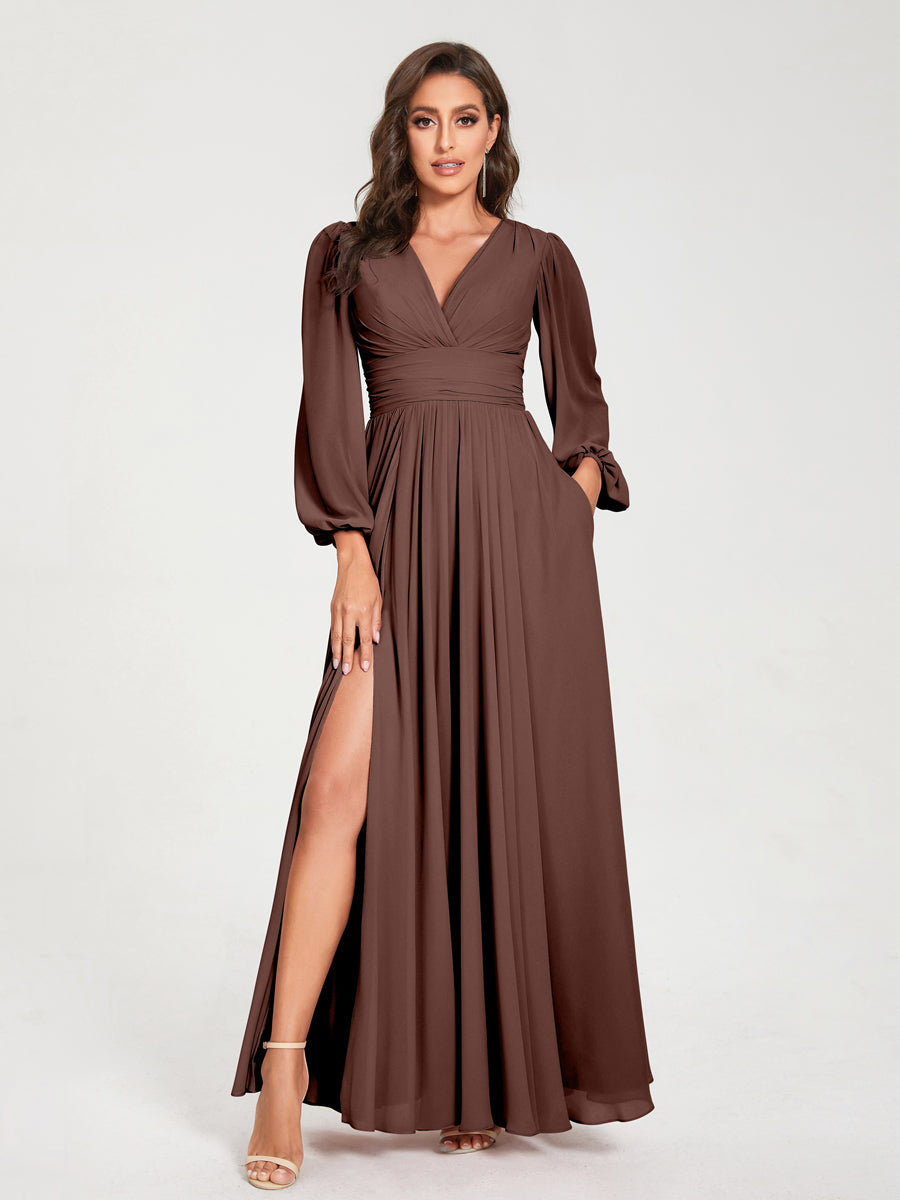 V-Neck A-Line Princess Floor-Length Bridesmaid Dress with Long Sleeves, Side Split & Pockets