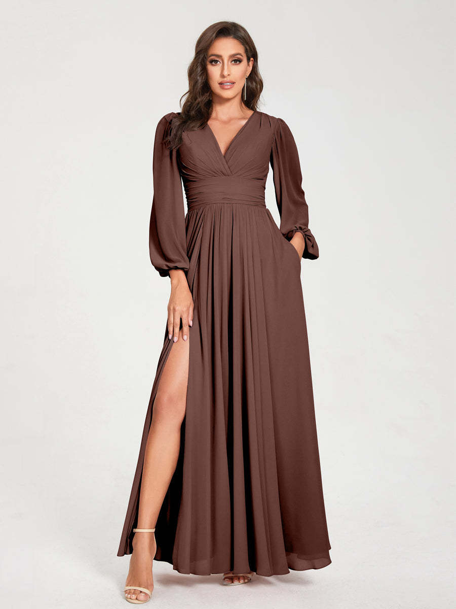 V-Neck A-Line Princess Floor-Length Bridesmaid Dress with Long Sleeves, Side Split & Pockets