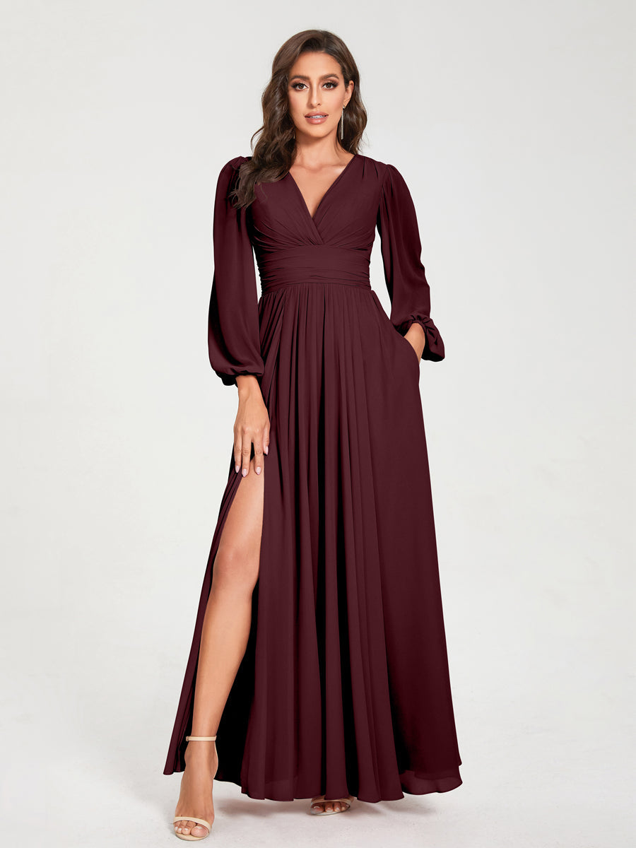 V-Neck A-Line Princess Floor-Length Bridesmaid Dress with Long Sleeves, Side Split & Pockets