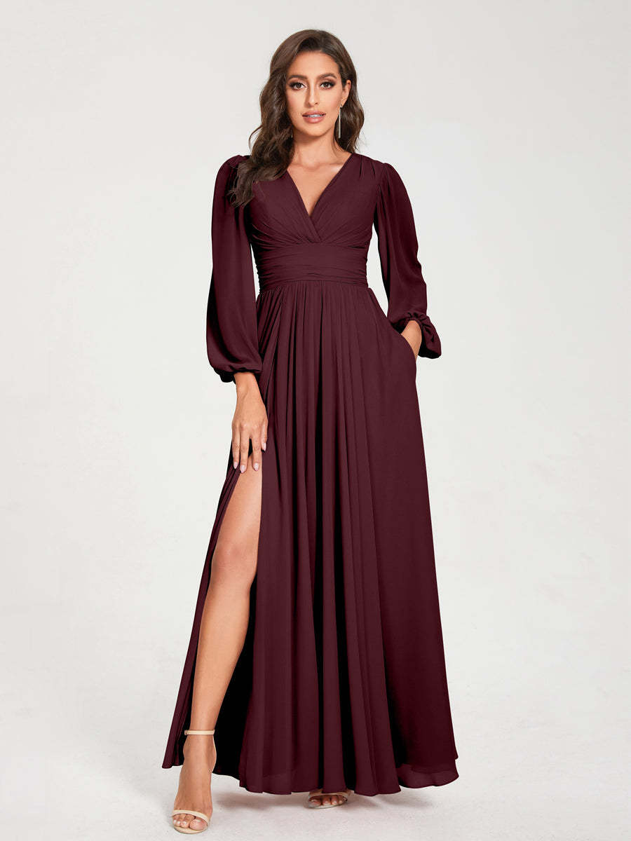V-Neck A-Line Princess Floor-Length Bridesmaid Dress with Long Sleeves, Side Split & Pockets