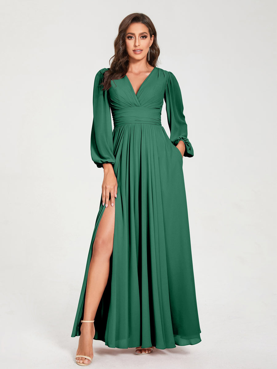 V-Neck A-Line Princess Floor-Length Bridesmaid Dress with Long Sleeves, Side Split & Pockets