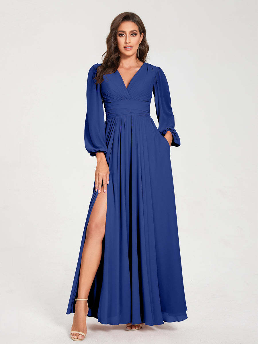 V-Neck A-Line Princess Floor-Length Bridesmaid Dress with Long Sleeves, Side Split & Pockets