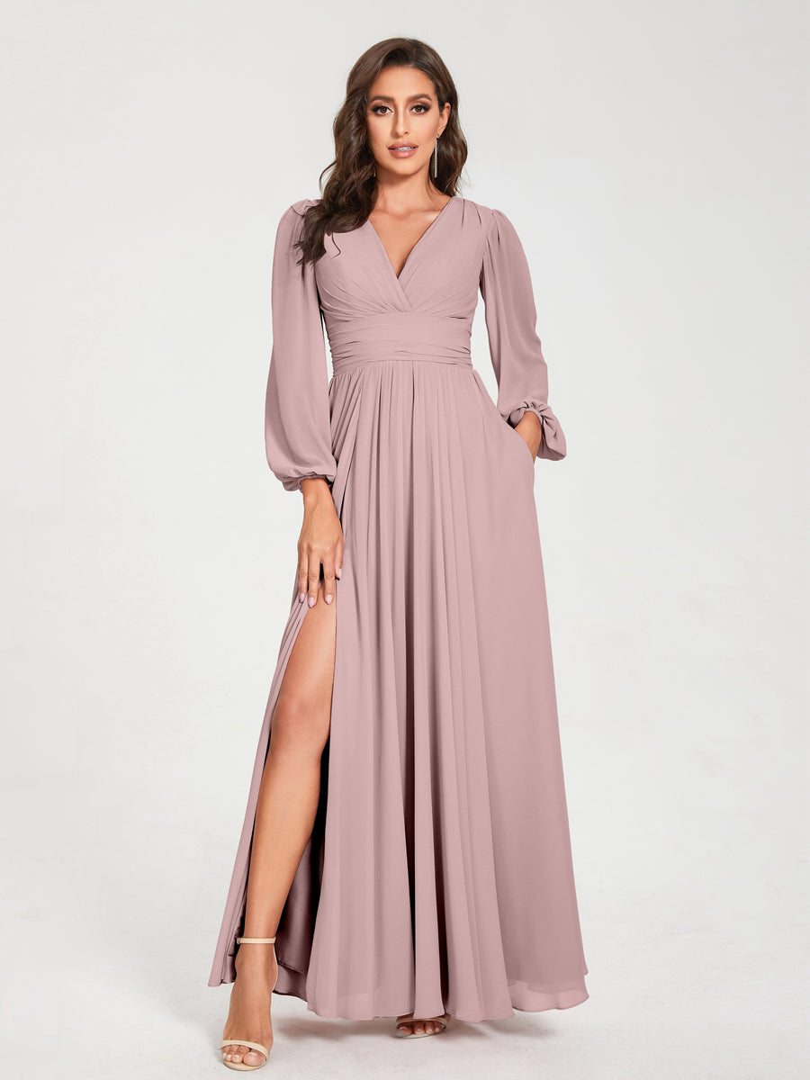 V-Neck A-Line Princess Floor-Length Bridesmaid Dress with Long Sleeves, Side Split & Pockets
