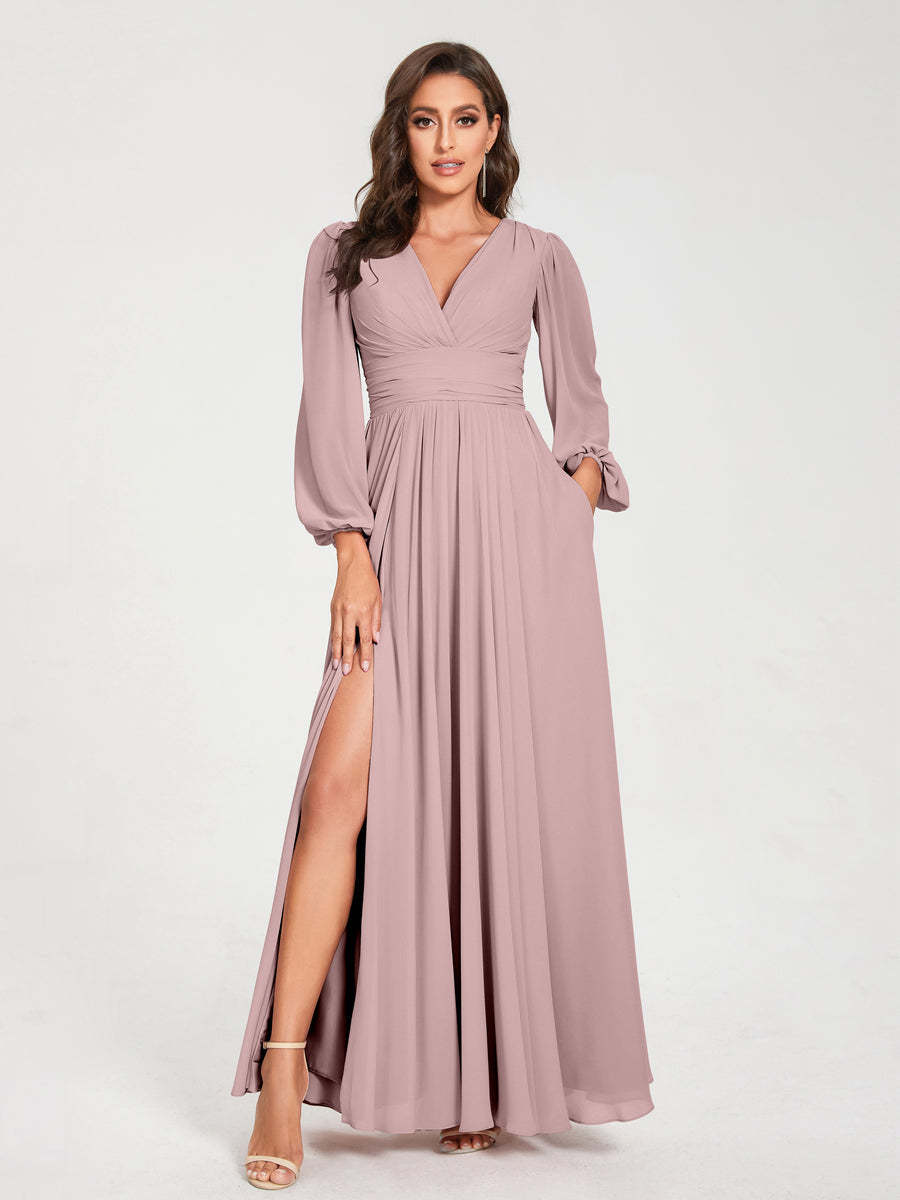 V-Neck A-Line Princess Floor-Length Bridesmaid Dress with Long Sleeves, Side Split & Pockets
